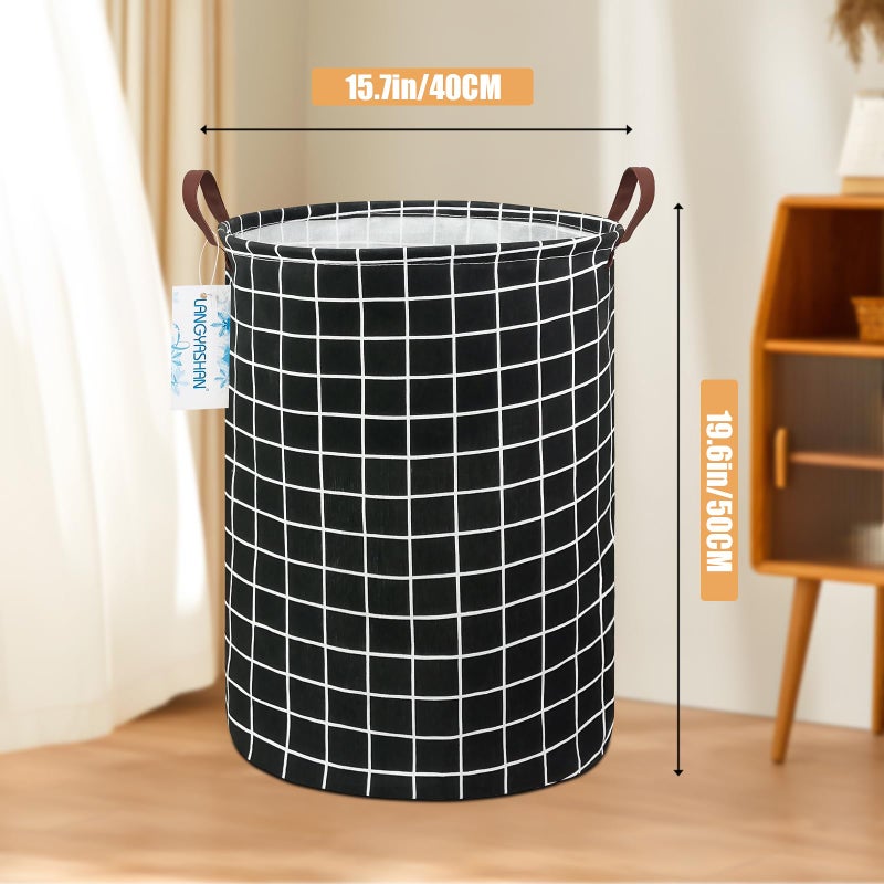 LANGYASHAN Laundry Basket Canvas Fabric Collapsible Organizer Basket for Storage Bin Toy Bins Gift Baskets Bedroom Clothes Children Nursery Hamper (Black Grid) - Image 2